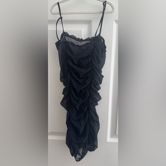 Salvage Dresses & Skirts - Savage X Fenty Black Sheer Ruched Mesh Mini Dress Strappy Bodycon